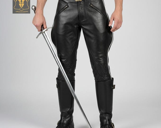 Men's Real Leather Breeches - Police Style Jodhpurs Pants with Zipper Pockets - All Colors & Sizes