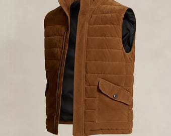 Suede Leather Quilted Puffer Vest for Mens; Handmade Goose Down Vest, Bubble Coat