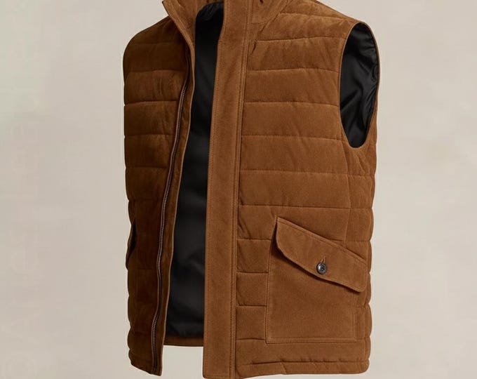 Suede Leather Quilted Puffer Vest for Mens; Handmade Goose Down Vest, Bubble Coat