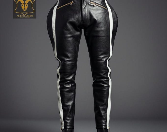 Men's Real Leather Breeches / Jodhpurs Black Leather Breeches With White Stripes