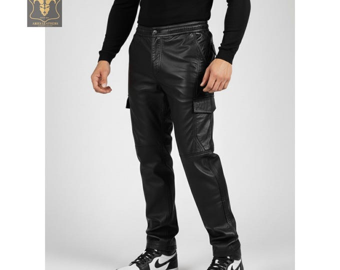 Men's Leather Cargo Pants Multiple Pokets Trousers | Real Lambskin Black Leather Trackpants Handmade