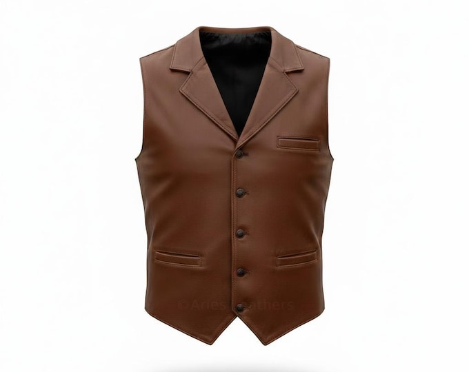 Mens Leather Vest Western Vintage Cowboy Vests Custom Made: Handmade Genuine Lambskin Leather Waistcoat