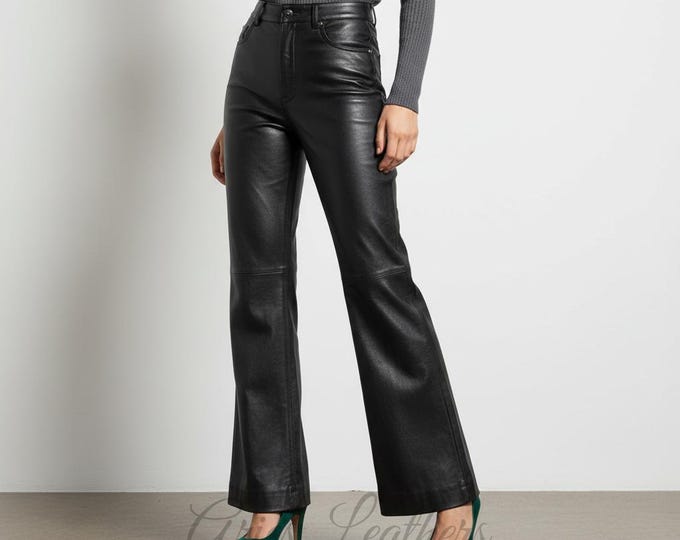 Handmade Lambskin Leather Flared Pants | High Waisted Bell Bottom Trousers