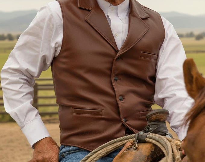 Mens Leather Vest Western Vintage Cowboy Vests Custom Made: Handmade Genuine Lambskin Leather Waistcoat