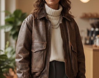 Vintage Distressed Brown Lambskin Leather Bomber Jacket - Aviator Style