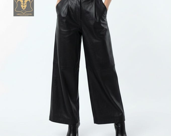 Genuine Lambskin Leather Wide Leg Pants | High Waisted Trousers for Womens