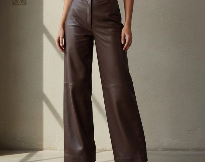 High-Waist Wide-Leg Lambskin Leather Pants — Brown Bell bottoms Leather Trouser Tailored Women