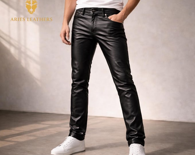 Men's Slimfit Genuine Lambskin Leather Pants - Handmade Black Leather Jeans