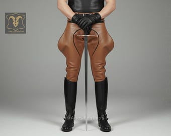 Men's Tan Leather Jodhpurs | Equestrian Breeches with Black Piping