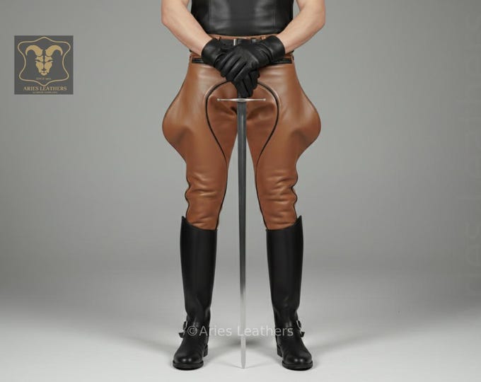 Men's Tan Leather Jodhpurs | Equestrian Breeches with Black Piping