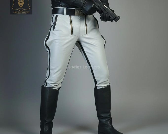 Men's Leather Breeches | Police Uniform Jodhpurs Pants 2 White Stripes | Genuine Lambskin Leather Trousers