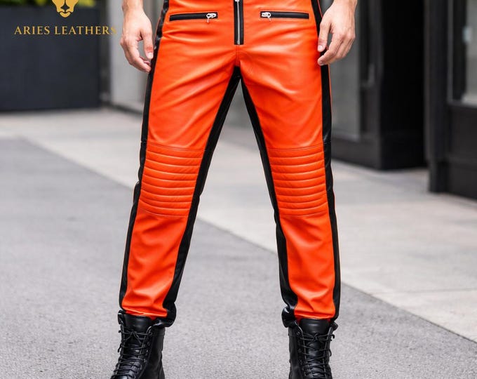 Men's Orange Lambskin Leather Biker Pants, Black Panel Moto Trousers, Padded Knees