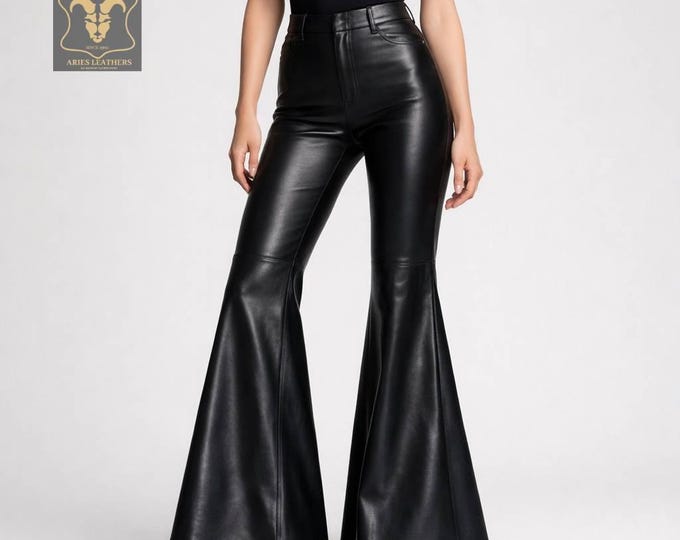 High Waist Lambskin Leather Flared Pants, Black Bell Bottom Trousers