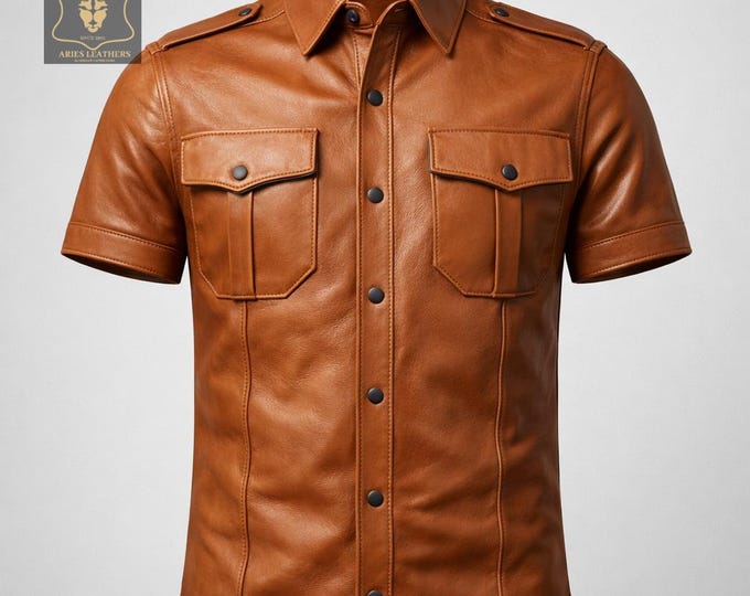 Men's Lambskin Leather Shirt - Quilted, Short Sleeve Biker Shirt Military Police Uniform Western Style