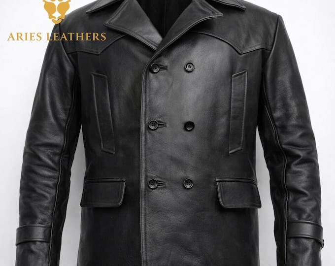 Men's Black Genuine Lambskin Leather Peacoat, Double Breasted Military Style Jacket