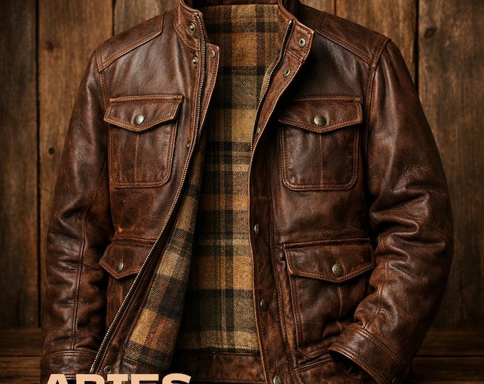 Men's Lambskin Leather Jacket, American Casual Indian Workwear Distressed Style, Retro Motorcycle / Biker Outerwear
