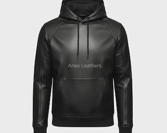 Handmade Leather Hoodie - Men's Streetwear Sweatshirt Pullover Jacket Genuine Lambskin Hood