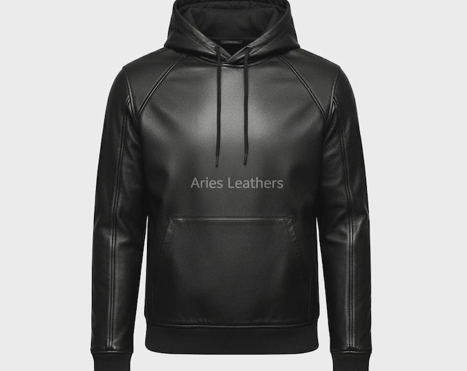 Handmade Leather Hoodie - Men's Streetwear Sweatshirt Pullover Jacket Genuine Lambskin Hood