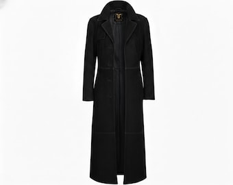 Vintage Black Suede Trench Coat | Handmade Lambskin Leather Long Jacket