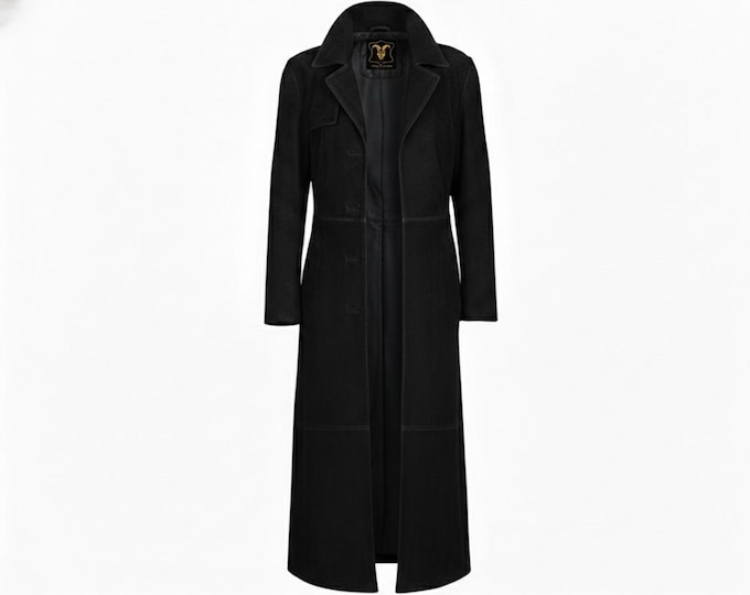 Vintage Black Suede Trench Coat | Handmade Lambskin Leather Long Jacket