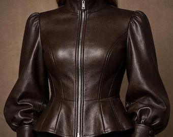 Women Brown Genuine Leather Jacket with Puff Sleeves Fitted Corset Style Designer Outerwear