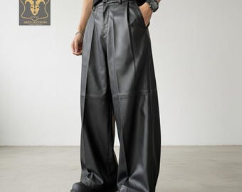 Genuine Leather Wide Leg Pleated Trousers - Menswear