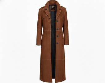 Vintage Brown Suede Long Coat | Handmade Lambskin Leather Trench Jacket