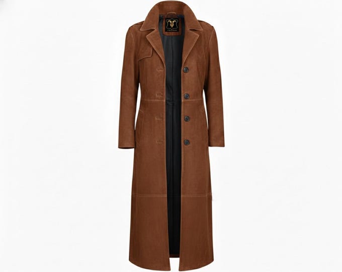 Vintage Brown Suede Long Coat | Handmade Lambskin Leather Trench Jacket