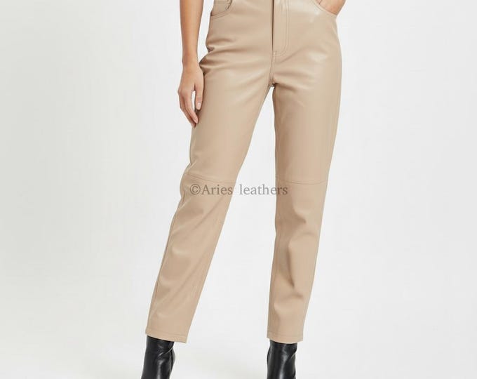 Genuine Leather Pants Women High Waisted Straight Leg Real Lambskin Trousers