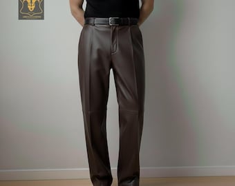 Wide Leg Lambskin Leather Pants - Men's High Waist Trousers