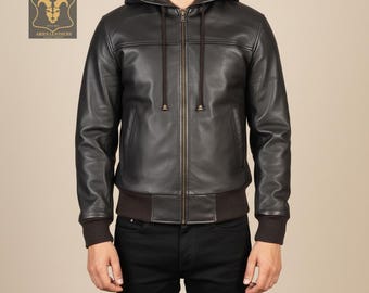 Men's Black Lambskin Leather Bomber Jacket | Handmade Hooded Streetwear
