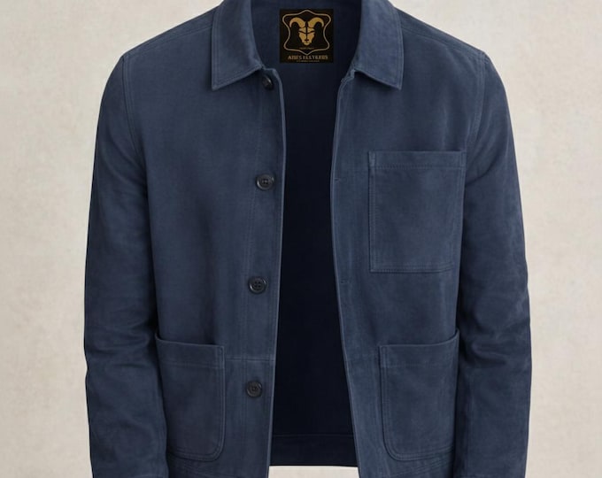 Men's Blue Genuine Suede Trucker Jacket - Handmade Western Coat Outerwear Shacket