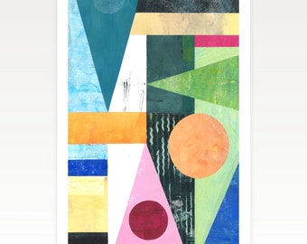 Original Abstract Collage Painting: Colorful Geometric Art (21x30cm)