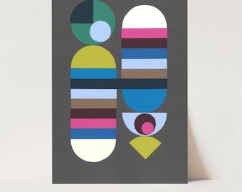 May include: Abstract geometric art print with a gray background. The print features a variety of shapes and colors, including circles, semi-circles, and rectangles in shades of blue, green, yellow, brown, pink, and white.