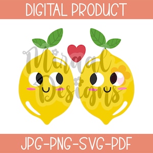 Op de afbeelding: Een digitale afbeelding met twee gele citroenfiguren met lachende gezichten, roze wangen en groene blaadjes aan de bovenkant. Een klein rood hartje staat tussen de citroenen. De tekst luidt DIGITAL PRODUCT bovenaan en JPG-PNG-SVG-PDF onderaan.