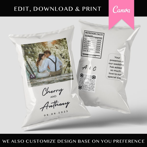 Custom Chip Bag Wedding Photo Favors Wedding Chip Bag Editable Chip Bag Wedding Favors Chip Bag Template Canva Template Wedding Favor