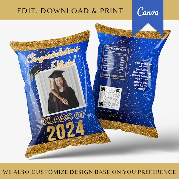 Editable Graduation Chip bag template Graduation Day decorations 2024 Gold class of 2024 party favors Canva Template Easy download Grad Gift