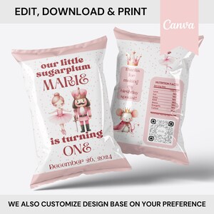 Rosa Nussknacker Weihnachten Geburtstag Ballerina Chip Bag Vorlage EDITIERBAR Erster Geburtstag Chip Bag Birthday Wrapper Geburtstag Sofort Download