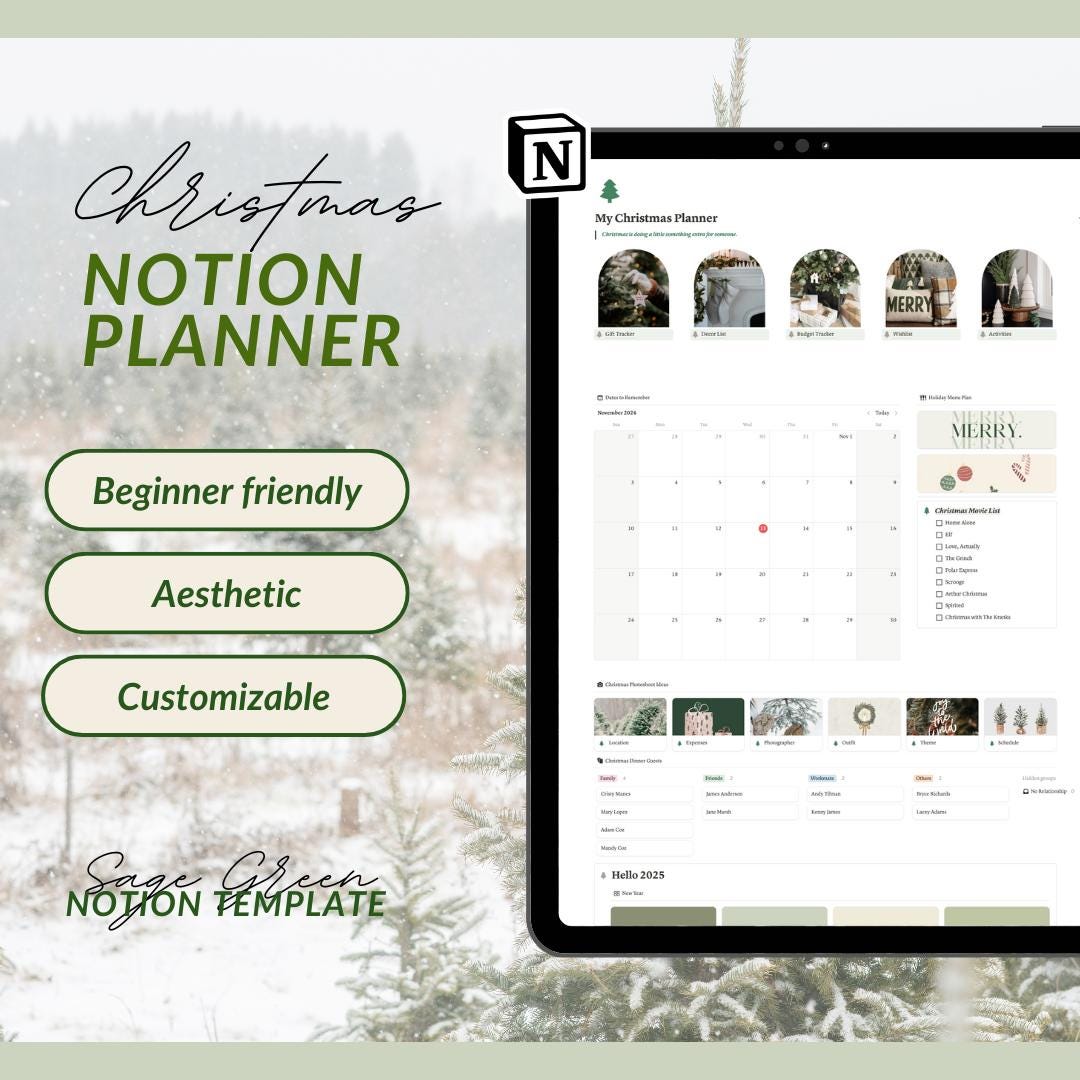 Notion Template Sage Green Christmas Planner Holiday Planner, New Year ...