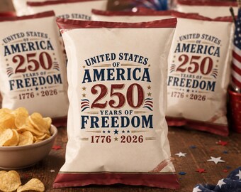 Stati Uniti d'America - 250 anni di libertà - Sacchetto per patatine / Modello per bomboniere patriottiche / Download immediato da Canva / 4 luglio