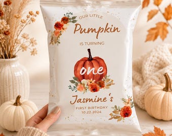 Little Pumpkin is One Chip Bag Template EDITABLE Fall Autumn Birthday Chip Bag Wrapper Pumpkin Chip Bag Little Pumpkin Boho Instant Download