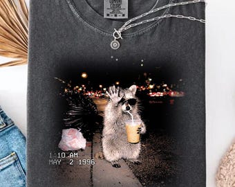 Raccoon Drinking Iced Coffee Shirt, Funny Animal Meme Tee, Coffee Lover Gift, Raccoon Tshirts, Comfort Colors, Unisex Graphic T Shirt