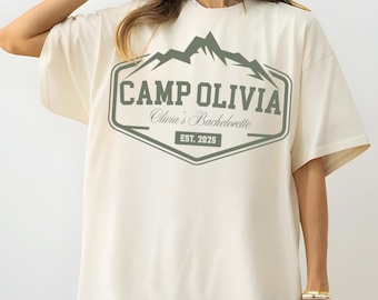 Custom kamp vrijgezellenfeest shirt, bergbruid teekamp, wandelen bruidsfeest geschenken, bachfeestt-shirt meer thema, meidenreis