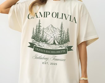 Vintage custom kamp shirt vrijgezellenfeest, bergbruid teekamp, wandelen bruidsfeest geschenken, bachfeestt-shirt meer thema, meidenreis