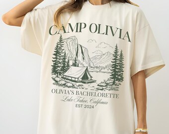 Vintage custom kamp shirt vrijgezellenfeest, bergbruid teekamp, wandelen bruidsfeest geschenken, bachfeestt-shirt meer thema, meidenreis