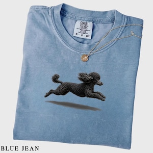 Peut inclure: Un t-shirt bleu jean avec un motif de caniche noir en train de courir. Le t-shirt présente une étiquette de marque Comfort Colors au col avec la taille S-P-CH. Un collier à chaîne fine dorée avec un petit pendentif rond repose sur le tissu.