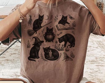 Witchy Black Cat Shirt, Celestial Tee, Gothic Cottagecore Graphic for Cat Coven T-Shirt, Spooky Halloween Aesthetic