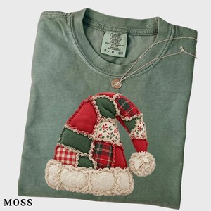 Comfort Colors® Faux Patchwork Santa Hat T-Shirt, Faux Embroidered Christmas Shirt, Vintage Checkered Gingham Holiday Top