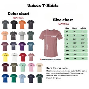 May include: Unisex t-shirt size chart with measurements in inches. The chart shows sizes XS to 4XL with corresponding chest and height measurements. The chart is accompanied by a color chart of 24 different t-shirt colors.