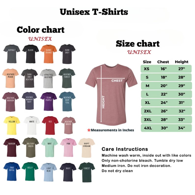 May include: Unisex t-shirt size chart with measurements in inches. The chart shows sizes XS to 4XL with corresponding chest and height measurements. The chart is accompanied by a color chart of 24 different t-shirt colors.